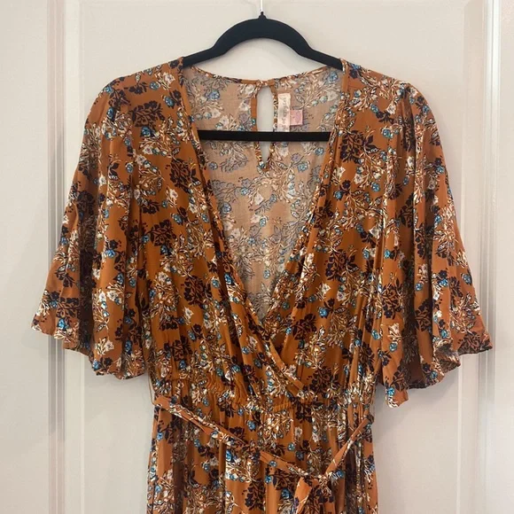 Romper - Band of Gypsies Burnt Orange Floral Romper/Jumpsuit with Pockets - Picture 2 of 5